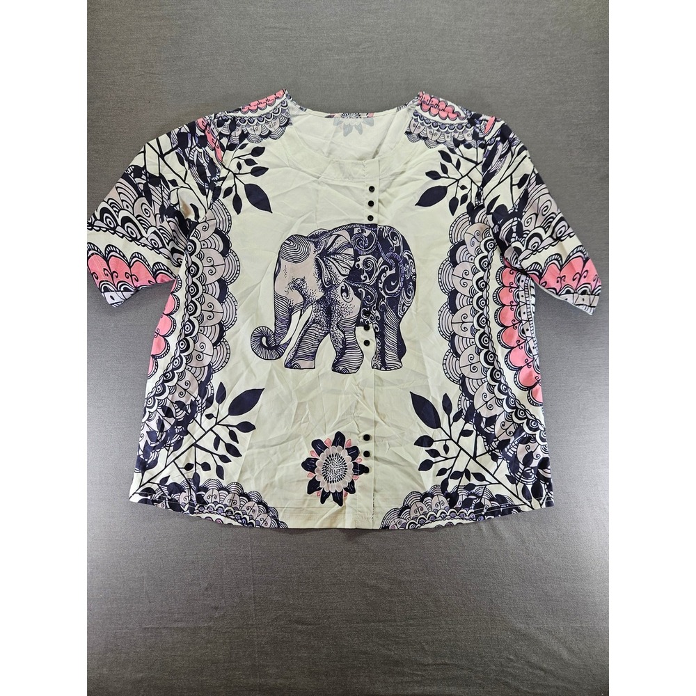 Boho Elephant Mandala Print Short Sleeve Blouse Cream Navy Pink XL
